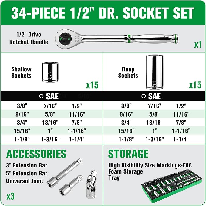 SK 1/2" Drive Socket Set with 160-P Ratchet, 34-Piece SAE Sockets | SuperKrome Finish, Premium CR-V Steel, Heat Treated, with EVA Foam Tool Organizer