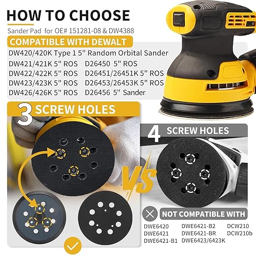 Sander Pads Replacement for Dewalt, 5" 8 Hole Hook and Loop Orbital Sander Pads Compatible with DeWalt DW420 DW421 DW422 DW423 DW426 D26451 D26453 Random Orbital Sanders