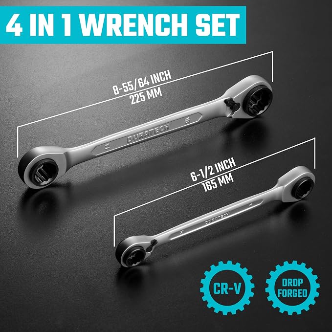 DURATECH 4-in-1 Reversible Ratcheting Box Wrench Set, Metric, 2-Piece | Double Box End, 8mm, 10mm, 12mm, 13mm & 14mm, 15mm, 17mm, 19mm, CR-V Steel, Matte Chrome Plated, Rolling Pouch