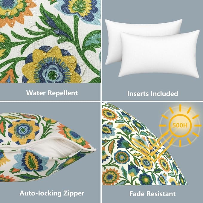 LVTXIII 2 Pack Outdoor Lumbar Pillows 12x20 Inch with White Piping, Fade Resistant Support Throw Pillows with Inserts for Patio Furniture, Sofa, Chair, Fiesta Floral