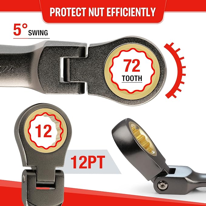 WORKPRO 8 Piece Flex Head Stubby Ratcheting Wrench Set, SAE 5/16-3/4 in | 72-tooth CR-V Wrenches with Nickel-plated Finish for Automotive, Garage and Home Repairs, Includes Rolling Pouch