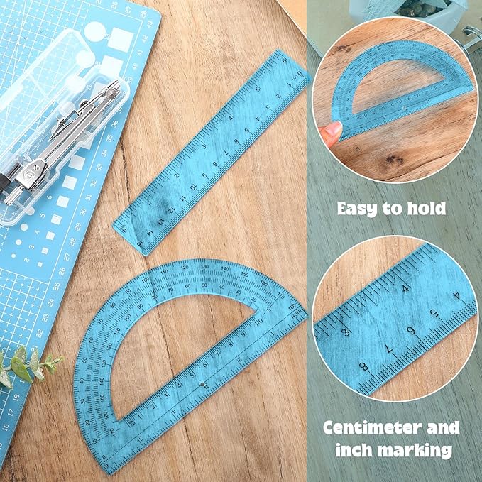 Zonon 3 Pcs Plastic Ruler 6 Inch Protractor Drawing Compass Set, Student Geometry Math Transparent Measuring Tools for Home School Classroom Office Supplies(6 Inch,Blue)