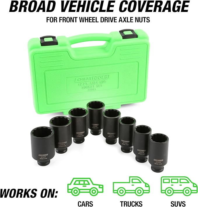 OEMTOOLS 37321 8-Pc 12 Point 1/2 Inch Drive Axle Nut Socket Set with Case | 1/2" Drive Impact Set 29mm-39mm, Cr-Mo Steel Metric Socket Set, Precision-Machined Deep Impact Sockets, Black Oxide Finish