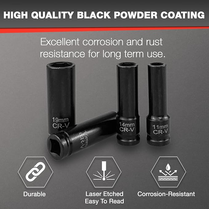 EACELIY 33pcs 1/2" Impact Socket Set (8-22mm), Metric Socket Set, Cr-V Steel, 6 Point Deep & Shallow Sockets, with 5" 10" Extension Bars and 1/2" Universal Joint