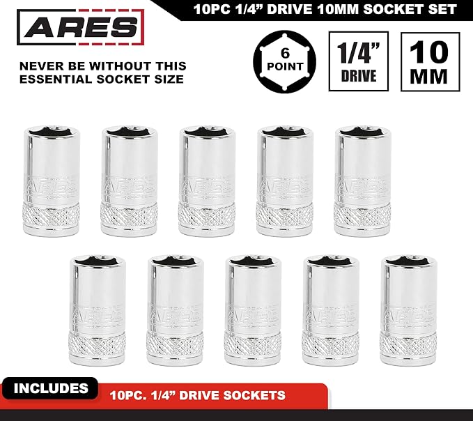 ARES 39018 10-Piece 1/4-Inch Drive 10mm Socket Set | Premium Chrome Vanadium Socket Set Features Knurled Bands for Enhanced Grip