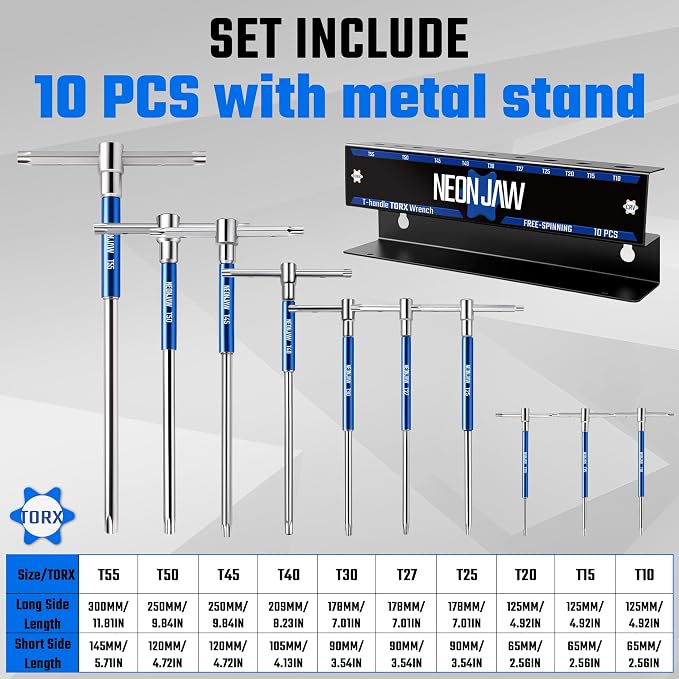 10pcs T-Handle Torx Allen Key Wrench Set T55 T50 T45 T40 T30 T27 T25 T20 T15 T10 with 3-Way Sliding Handle, Spinning Sleeve, Steel Storage Rack for DIY, Mechanics, Blue