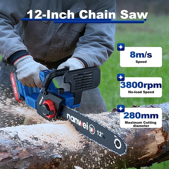 NANWEI 12 Inch Chainsaw Cordless, 20V Brushless Motor, 2x4.0Ah Batteries and Charger, Auto Oiling, Tool-Less Adjustment, Lightweight Electric Chainsaw for Tree Pruning, Branch Cutting, Extra Chain