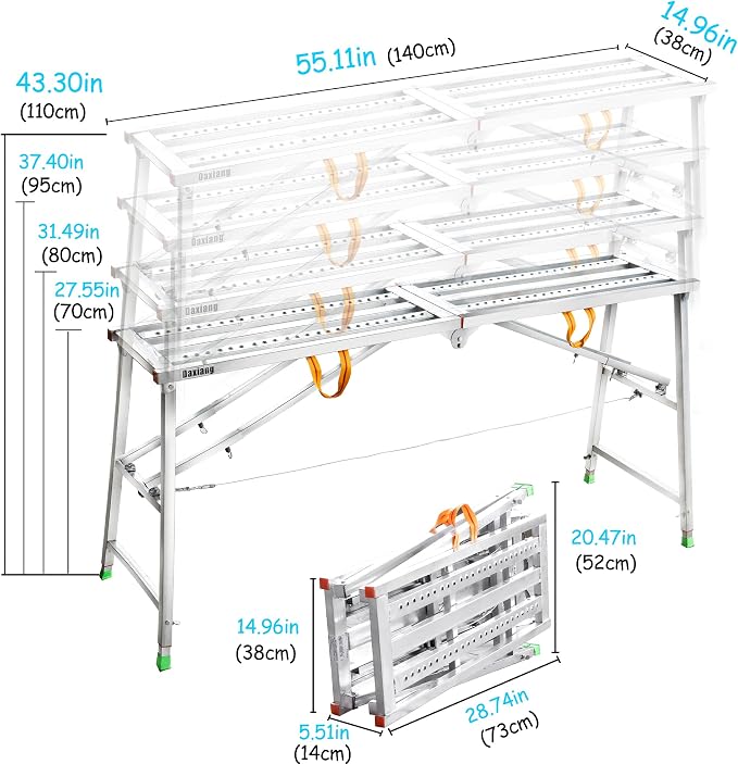 Daxiang Portable Scaffolding Platform 55(L) x15(W) x27-43(H)'' Work Platform Adjustable Height Steel 600 LBS Load Capacity Folding Step Ladder Drywall Painting Stool