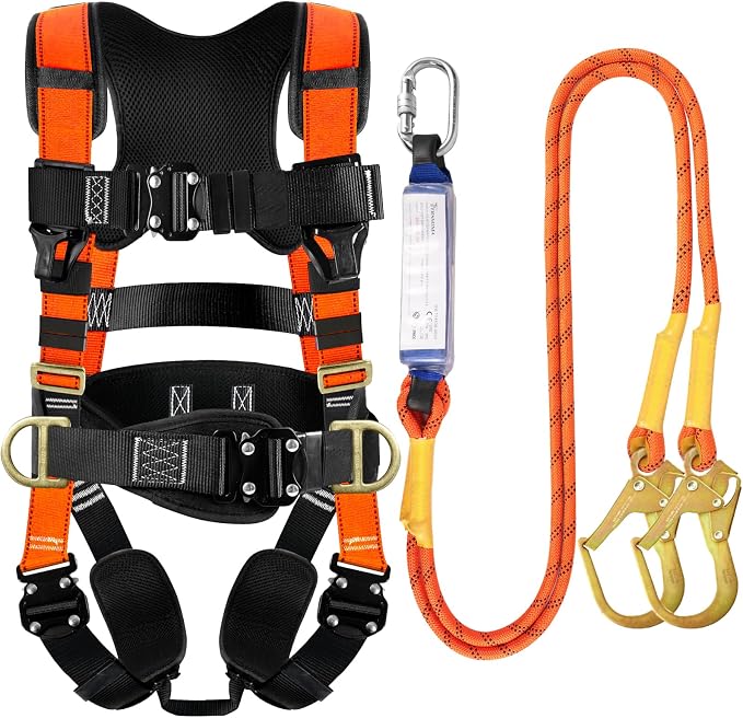 TRSMIMA Safety Harness Fall Protection - Harness Kit for Men Construction | Fall Arrest Roofing Harness Kit Men Full Body Harness with Lanyard for Work Upgrade 4 Quick Buckles Orange