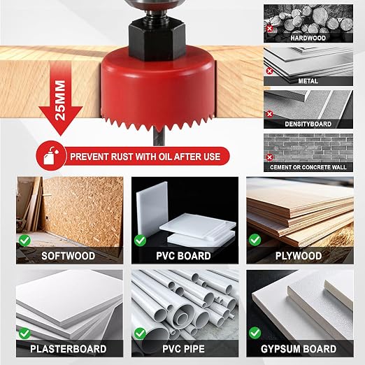 KATA 8PCS Hole Saw Kit 1" to 2-1/8"(25-54mm) Hole Saw Set in Case with 1PC Mandrels, 2PC Drill Bits and 1PC Hex Key for Soft Wood, PVC Board, Plywood, Red
