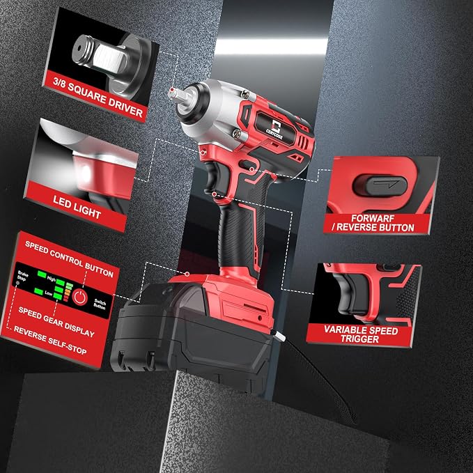 Cerycose Cordless Impact Wrench Compatible with Milwaukee 18V Battery, 250FT-LBS 3/8 inch Compact Impact, Brushless Electric Gun with LED Work Light, Tool Only