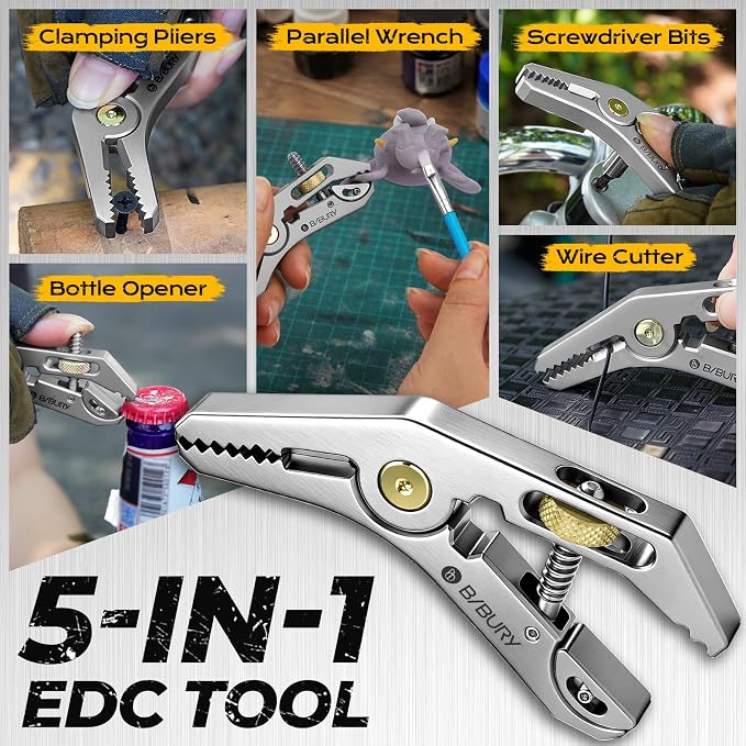 BIBURY Mini Multitool Pliers, 5-in-1 Pocket Grip Wrench with Adaptive Parallel Jaws, Heavy Duty 420HC Stainless Steel Pocket Multi Tool with Screwdriver, Pipe Grip and Bottle Opener for EDC Fix Tool