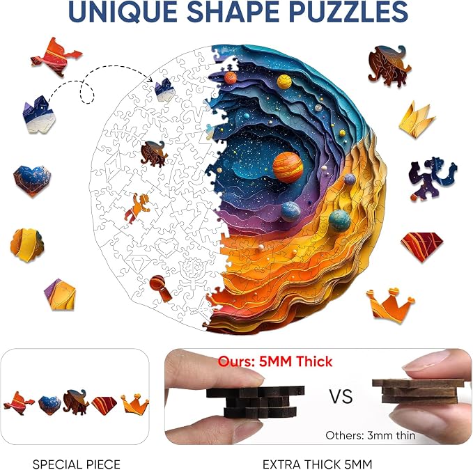 Mys Aurora Space Puzzles for Adults 500 Pieces, Unique Shapes Solar System Jigsaw Puzzles, 3D Visual Effect Planet Wooden Puzzles, Family Puzzle Games Birthday Gift, 16.5 x 16.2 Inches