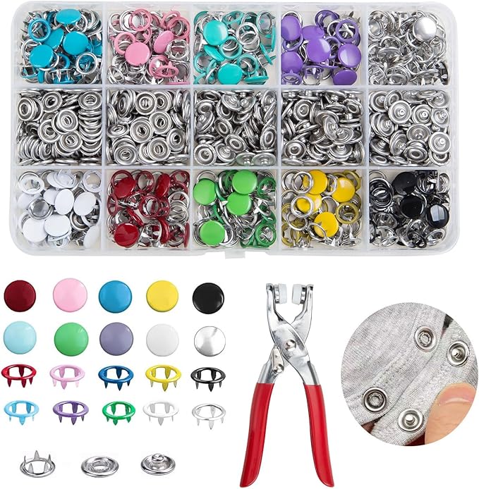 200 Sets Metal Snap Buttons Kit with Fastener Pliers Press Tool - 800 PCS 9.5mm Snap Fasteners for DIY Crafts, Clothing, Hats, Sewing, and Fabric Projects (Mix)