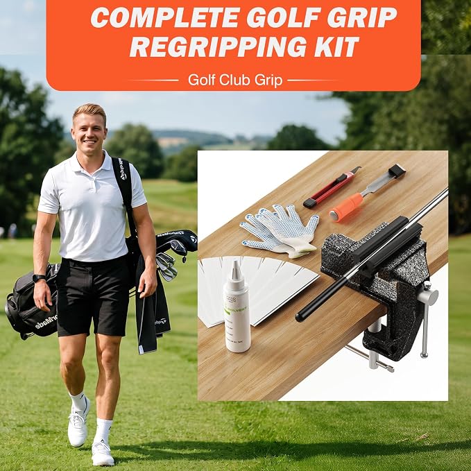 Golf Club Regripping Kit with Bench Vise – Complete Grip Repair & Replacement Set with Rubber Clamp, Solvent, Tape Strips & Tools for Golf Club Grip Installation, Home & Workshop DIY