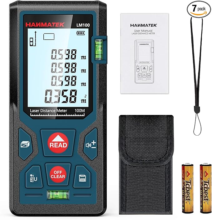 328ft/100m Laser Measure Ft/in/M Switching LM100 Laser Measurement Tool Devices with 2 Bubble Levels Distance Meter,Large Backlit LCD