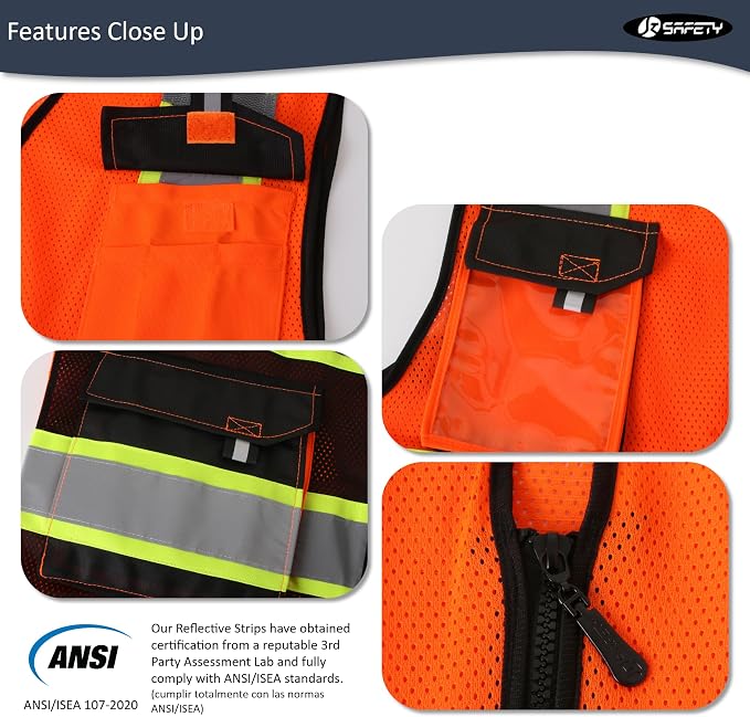JKSafety Hi Vis Reflective Safety Vests for Men Women High Visibility Vest with Pockets Mesh Fabric Construction Safety Apparel Neon Vest for Work (220-OBlack XL)