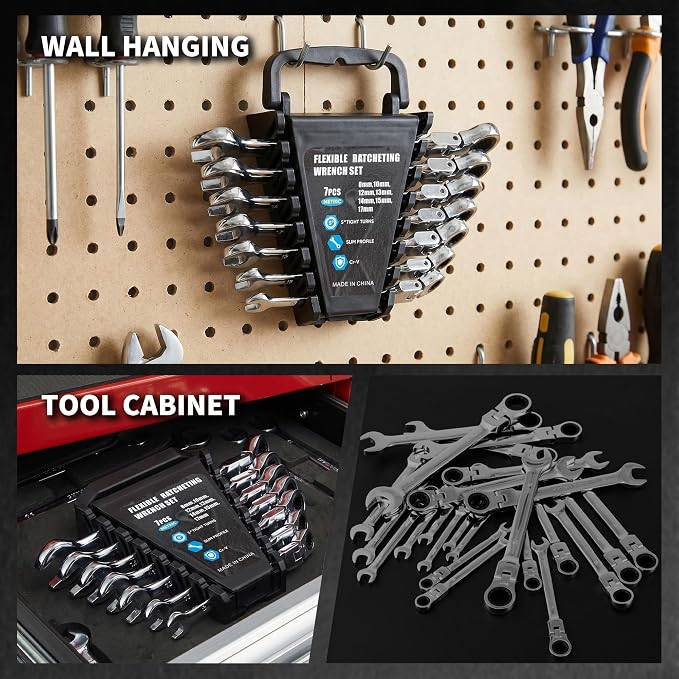 Garvee 7 Piece Metric Ratcheting Wrench Set Combination Ratcheting Wrench | 72-Tooth 5° Swing Arc CR-V Steel | Metric 8-17 mm Coverage for Automotive Repair, Mechanical Maintenance DIY Project