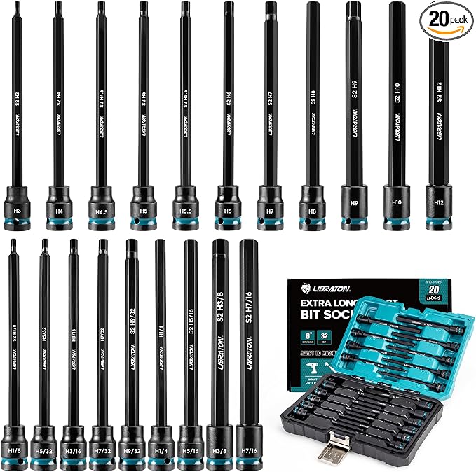 LIBRATON 3/8" Drive Long Impact Hex Bit Socket Set, Allen Bit Sockets | S2 Steel Hex Head Sockets, 20PCS Allen Wrench Socket, SAE&Metric Allen Bit Socket Set, 6" Long Allen Key Socket