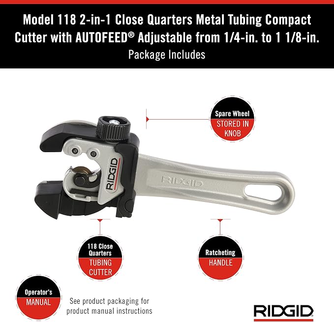 RIDGID 32573 Model 118 2-in-1 Close Quarters Tubing Cutter for 1/4" to 1-1/8" Copper, Brass, and Aluminum Tubing, Compact_tubing cutter with AUTOFEED (Pack of 3)
