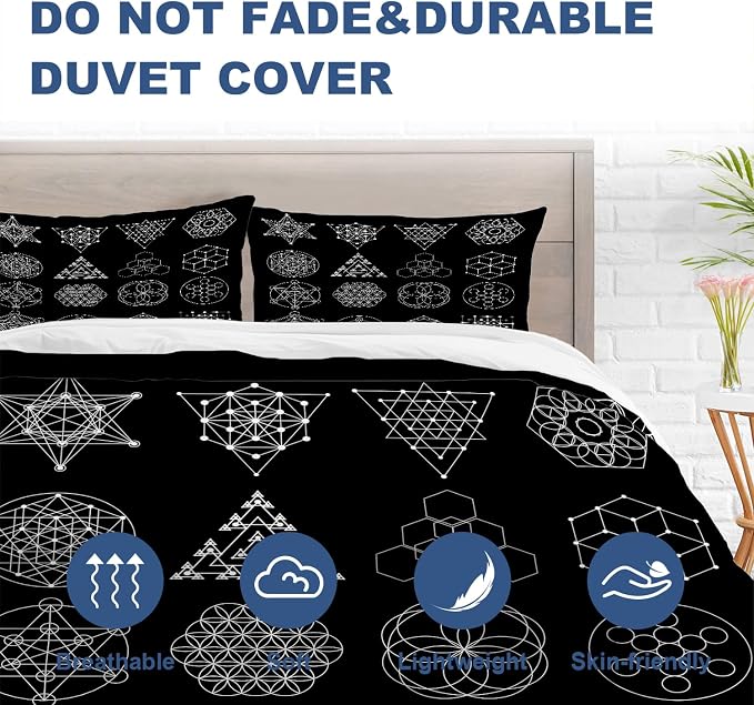 Batmerry Geometry Sacred Symbol King Size 3 Pieces Bedding Duvet Cover Sets,Soft Fluffy Religion Philosophy Pattern Printed Duvet Cover for All Season