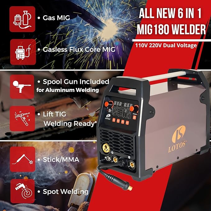 MIG180SP 6-in-1 180A MIG Welder with Spool Gun for Aluminum Welding, Gas/Flux-Core MIG, Lift TIG, Stick, Spot, Auto Synergic Voltage Fine-Tune, 120/240V Dual-Voltage, LED Display