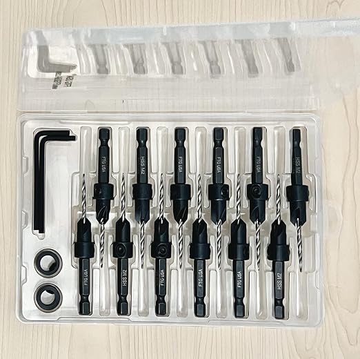 FTG USA 12 Pc #4 (7/64") Countersink Drill Bit Set with Depth Stop Collar, Hex Wrench - Tapered Drill Bits for Wood