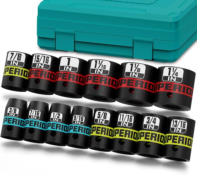 14 Piece 1/2" Drive Impact Socket Set, 3/8" - 1-1/4" Shallow Socket, SAE, 6 Point, CR-V, Automotive Maintenance, Machinery Manufacturing