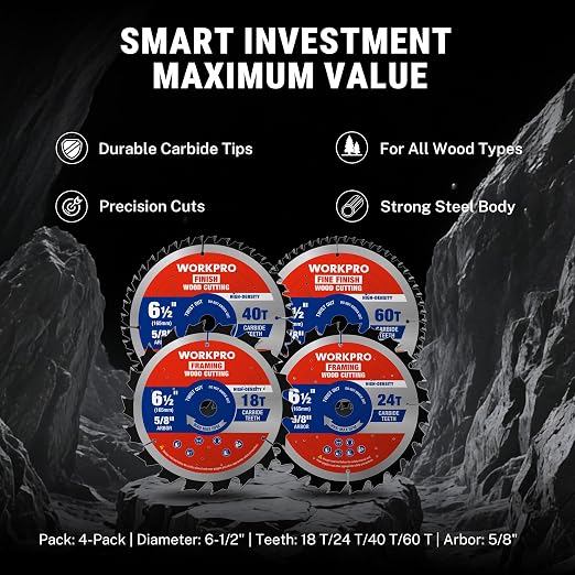 WORKPRO 6-1/2 Inch Woodworking Circular Saw Blades, 18T/24T/40T/60T All-Purpose Wood Cutting Variety, Thin Kerf, Carbide Tipped, ATB Tooth, 4-Pack