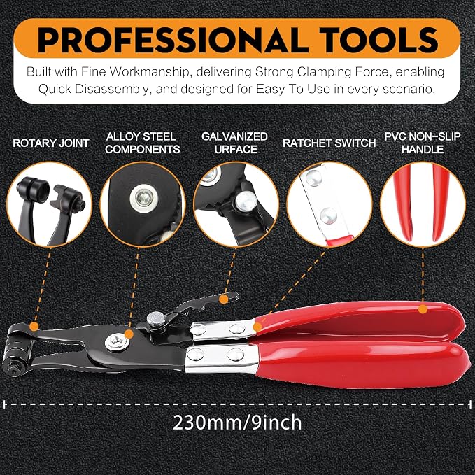 327-Pcs 65Mn Spring Clamps Kit (23 Sizes, 6-38mm) with Swivel Jaw Pliers,Hose Removal Pliers & Tweezers - Constant Tension Fit For Fuel, Coolant, Vacuum & Silicone Hose（Black）