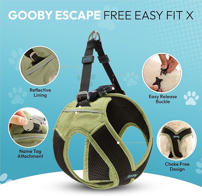 Gooby Escape Free Easy Fit X Step-in Dog Harness, Portland Green, Large | Patented escape-free, tightens on back-out; Choke-free X-frame + V-neck; Quick-release buckle; Reflective trim