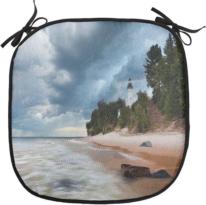 Lunarable Lighthouse Chair Cushion Pads Set of 8, Au Sable Lighthouse in Pictured Rock National Lakeshore Michigan USA, Anti-Slip Seat Padding for Kitchen & Patio, 16"x16", Blue Green Cinnamon