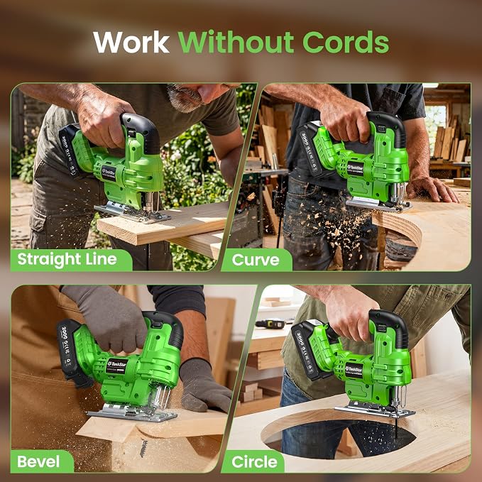 TaskStar Jig Saw - Cordless Jigsaw Saw with Batteries and Charger | Jigsaw Tool wtih 9 Blades for Wood, Metal, PVC, ±45° Bevel Cutting, 4 Orbital Actions, LED, Safety Lock, Storage Bag