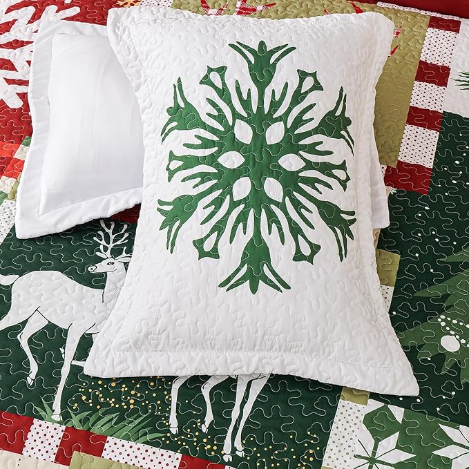 Cmfshape 5-Piece Christmas Quilt Set,Queen Size Xmas Tree Reindeer Santa Claus Pattern Christmas Bedding Set,Reversible Bedspread Coverlet,Holiday Bedding(92"x96")