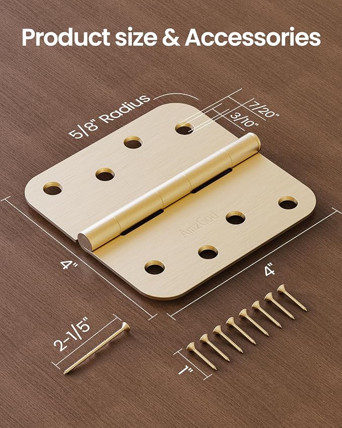 4" X 4" Satin Brass Door Hinges – 36 Pack Gold Door Hinges with 5/8" Radius, Rounded Interior Heavy Duty 4 Inch Exterior & Front Door Hinge for Residential Use