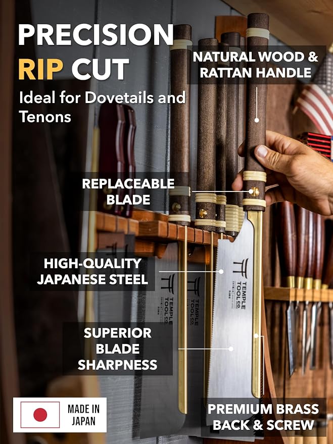 Temple Tool Co. Japanese Pull Saw - Rip-Cut 9.5 - Hand Saw for Dovetails, Tenons, Fine Joinery