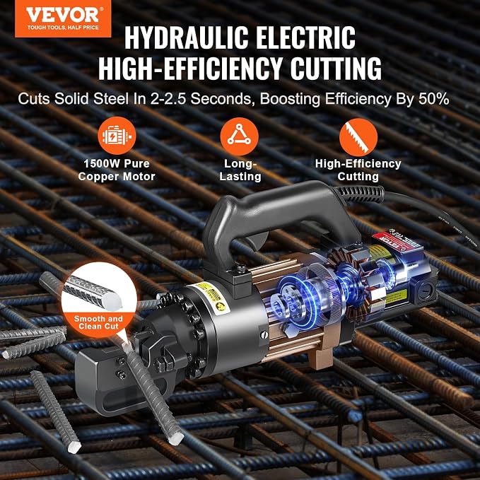 VEVOR Electric Hydraulic Rebar Cutter, 1500W Portable Rebar Cutter, Cutting up to 7/8 Inch #7 4-22mm Rebar within 2.5 Seconds, High Power Steel Rebar Cutter with Oil Can Rich Accessories,Black RC-22