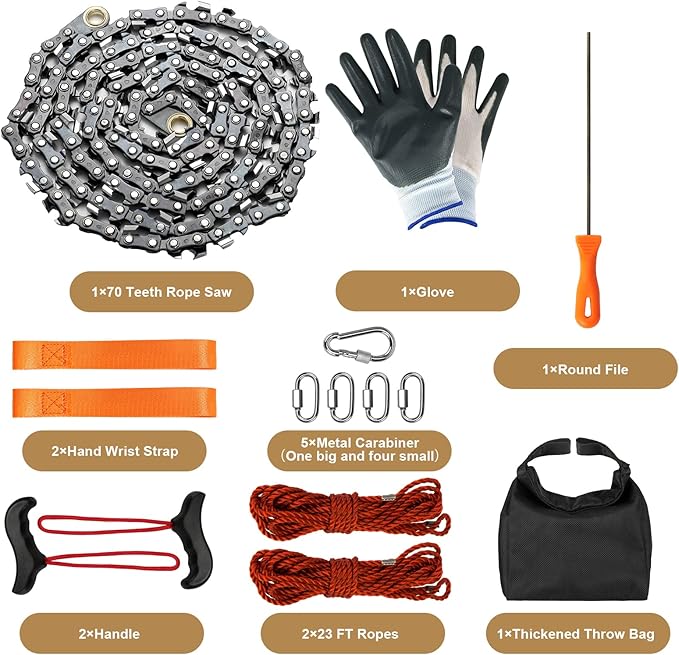 Rope Saw for Tree Limbs, 55 Inch Chain Saw with 70 Sharp Teeth & 46 Feet Ropes Kit, High Limb Pocket Chainsaw