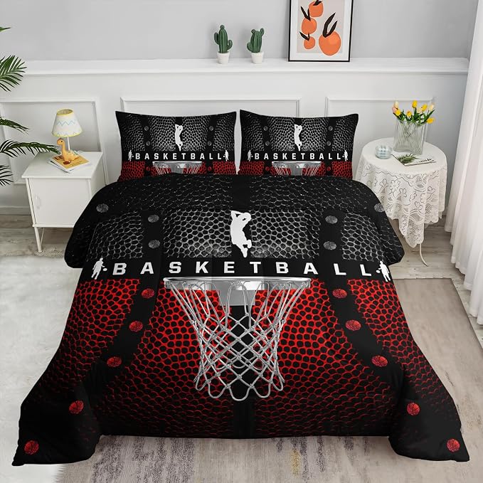 Axolotl Basketball Bedding Set for Boys Kids Teens,Black and Red Sports Themed Bedding,3D Basketball Comforter,Ball Sports Games Quilt Set with 1 Comforter and 2 Pillowcases All Season,King Size