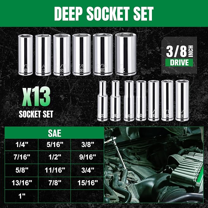 SK 3/8" Drive Socket Set, Deep SAE Sockets, 13-Piece 1/4" to 1" | SuperKrome Finish, Premium CR-V Steel, with Aluminum Socket Organizer