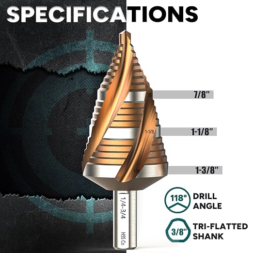7/8" - 1-3/8" Four Spiral Flute Step Drill Bit, Unibit Step Bits, 3/8" Hex Shank for Metal Aluminum, Wood, Plastic (19 Size)