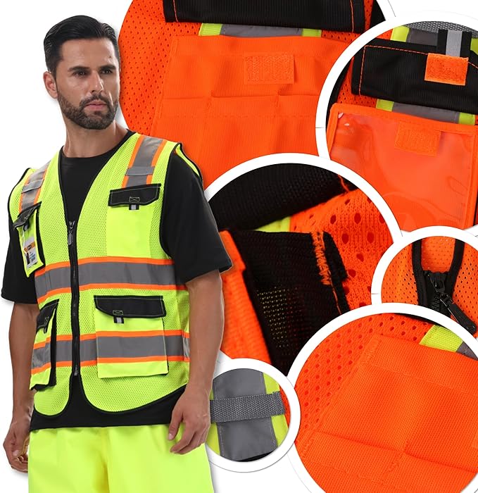 JKSafety Hi Vis Reflective Safety Vests for Men Women High Visibility Vest with Pockets Mesh Fabric Construction Safety Apparel Neon Vest for Work (220-OBlack M)