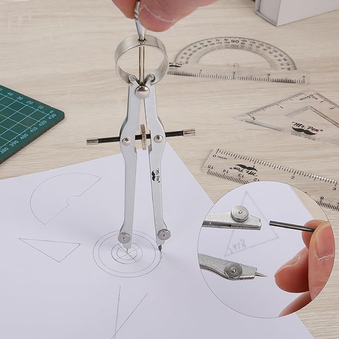 Mr. Pen- Geometry Set, 13 pcs, 3 Metal Compasses, Protractor, 6" Ruler, 45° & 30°/60° Set Squares, Pencils, Lead Refills, Sharpener & Eraser for Math, Drafting & Classroom Use
