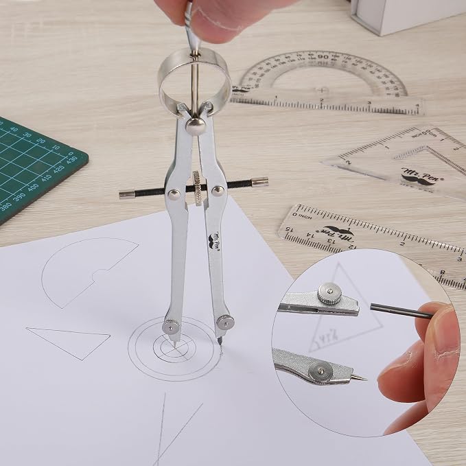 Mr. Pen- Geometry Set, 13 pcs, 3 Metal Compasses, Protractor, 6" Ruler, 45° & 30°/60° Set Squares, Pencils, Lead Refills, Sharpener & Eraser for Math, Drafting & Classroom Use