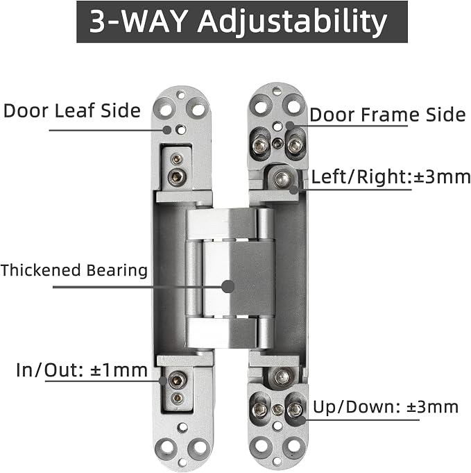 4-Pack 7 inch Silver Hidden Door Hinges,Heavy Duty Zinc Alloy Concealed Hinges, 180 Degree Invisible Hinge, 3 Way Adjustable Butt Hinge