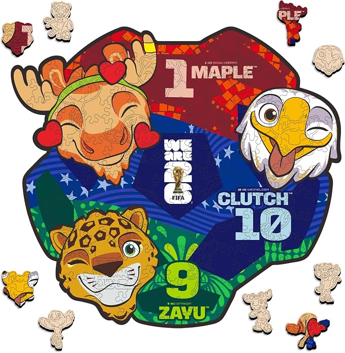 FIFA World Cup 2026 Mascot Wooden Jigsaw Puzzle, 150 Pieces Unique-Shape Collector’s Set (Clutch, Maple & Zayu) Official Merchandise – Fun for Kids & Adults, Ideal Soccer Fan Gift, 11.8 x 10.8 Inch