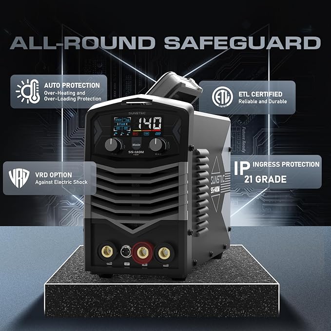 Sunstac MIG Welder, 140A 110V Flux Core/Stick/Lift TIG 3 in 1 MIG Welding Machine, Gasless MIG with IGBT Inverter Synergic Control, Digital Screen Display, Over Loading Protection Beginner Friendly