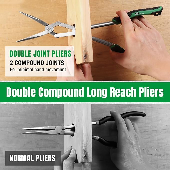 SK 13'' Long Needle Nose Pliers, Double Compound Straight Long Nose Pliers