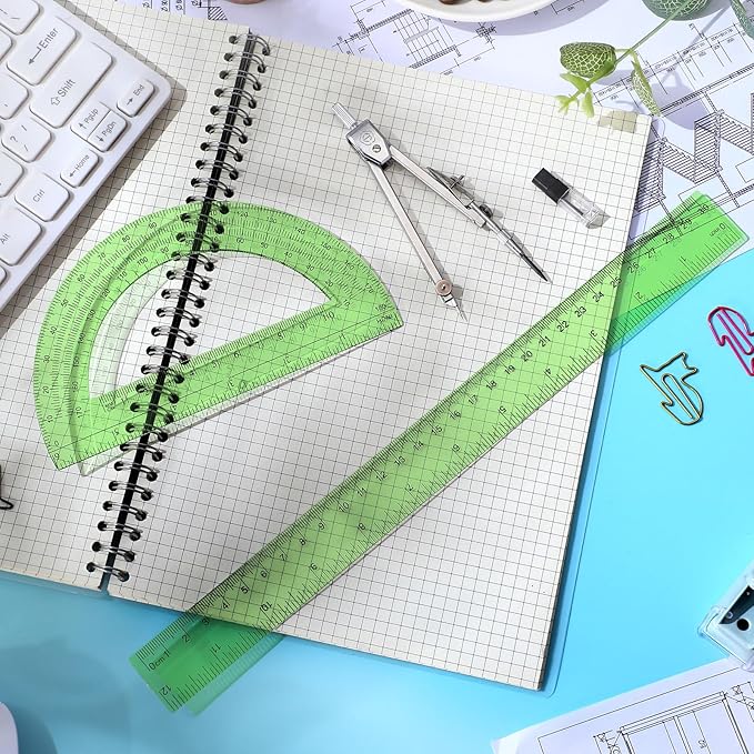 Zonon 3 Pcs Plastic Ruler 6 Inch Protractor Drawing Compass Set, Student Geometry Math Transparent Measuring Tools for Home School Classroom Office Supplies(12 Inch,Green)