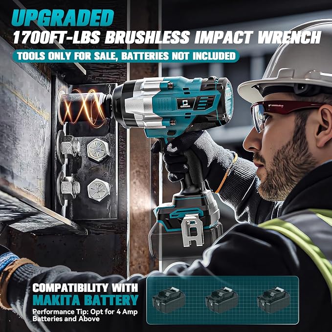 Cordless Impact Wrench 1/2 inch Compatible with Makita Battery: 1700FT-LBS High Torque Impact Wrench Heavy Duty Tool - Brushless Electric Impact Gun Includes LED Work Light - Bare Tool Only